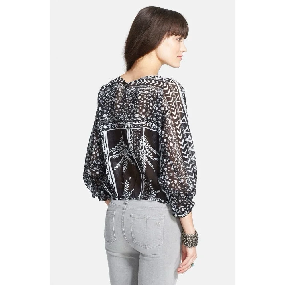 Free People Black White Sheer Yo Yo Geo Blouse Size Large